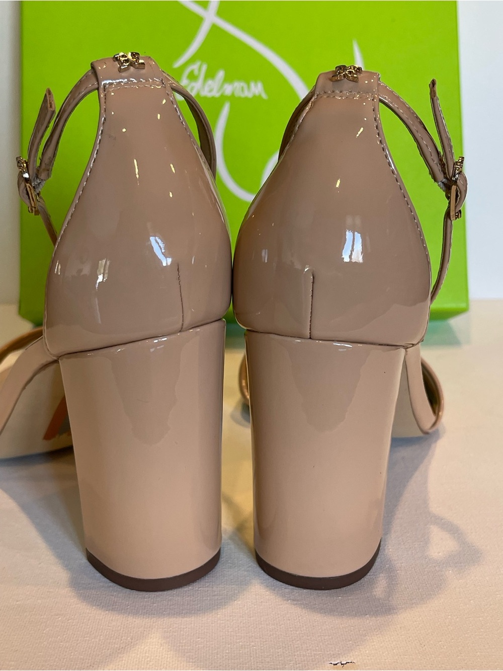 NIB SAM EDELMAN BEIGE BLUSH PATENT BLOCK HEEL SANDAL WOMENS SIZE 9.5 WIDE - Picture 6 of 9